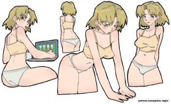 akagi_ritsuko blonde_hair blush camisole cigarette computer cowboy_shot cropped_legs green_eyes laptop lipstick makeup mole mole_under_eye navel neon_genesis_evangelion panties pantsu-ripper smoking solitaire underwear underwear_only white_panties yellow_camisole
