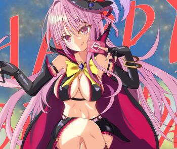 Rule 34 | 1girl, :q, absurdres, ambitious mission, arise kaguya, arm strap, bare shoulders, belt, black cape, black gloves, black hat, black skirt, blue background, blurry, blurry background, blush, bow, bowtie, bracelet, breasts, calling card, cape, card, cleavage, closed mouth, commentary request, cowboy shot, crossed legs, eyes visible through hair, fingerless gloves, floating hair, gem, gloves, hair between eyes, hair intakes, hair rings, hands up, hat, highres, holding, holding card, jewelry, large breasts, long hair, looking at viewer, miniskirt, multiple bracelets, one side up, pink eyes, pink hair, purple gem, red cape, sakuratoru, sidelocks, simple background, sitting, skirt, smile, solo, split mouth, star (symbol), star sticker, sticker, sticker on face, stomach, tongue, tongue out, top hat, two-sided cape, two-sided fabric, very long hair, white belt, white gloves, yellow bow, yellow bowtie