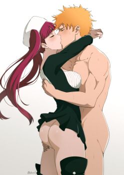 1boy 1girl absurdres akobeul arms_around_neck ass black_dress bleach boots breasts closed_eyes clothed_female_nude_male dokugamine_riruka dress grabbing_another&#039;s_ass groping hat hetero highres kiss kurosaki_ichigo large_breasts long_hair no_panties nude orange_hair purple_hair short_hair simple_background thigh_boots toned toned_male twintails