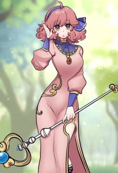 1girl absurdres amulet brown_eyes dress fire_emblem fire_emblem_echoes:_shadows_of_valentia fluffy_hair genny_(fire_emblem) hairband highres jewelry looking_at_viewer missandydandy nintendo pink_dress pink_hair solo staff