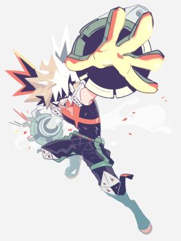 1boy absurdres arms_up bakugou_katsuki belt black_mask black_pants blonde_hair boku_no_hero_academia commentary_request dutch_angle explosive eye_mask full_body gloves gogeyama green_belt grenade highres knee_pads male_focus mask multicolored_gloves open_mouth outstretched_arms pants sharp_teeth shirt short_hair solo spiked_hair superhero_costume teeth tongue upper_teeth_only v-neck