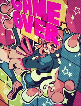 Rule 34 | 2girls, blue hoodie, bow, commentary, danganronpa (series), danganronpa 2: goodbye despair, english commentary, english text, game over, hair bow, highres, hood, hoodie, monomi (danganronpa), multiple girls, nanami chiaki, pink hair, short hair, tetris, the noodle (onebadnoodle)