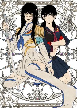 2girls bakuzan black_hair boots breasts cdtxufre chainsaw_man cosplay cross_scar epaulettes facial_scar gloves highres holding holding_sword holding_weapon junketsu katana kill_la_kill kiryuuin_satsuki_(cosplay) large_breasts long_hair looking_at_viewer low_twintails matoi_ryuuko_(cosplay) midriff mitaka_asa multiple_girls navel revealing_clothes ringed_eyes scar scar_on_cheek scar_on_face scar_on_nose school_uniform senketsu serafuku skirt suspenders sword thigh_boots thighhighs twintails weapon