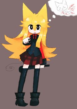 1girl :3 animal_ears black_boots black_eyes black_nails black_necktie black_thighhighs black_vest blonde_hair blush_stickers boots bright_pupils brown_background buttons cat_ears cat_girl cat_tail collared_shirt funamusea hair_between_eyes highres holding holding_knife holding_weapon iesonatana knife long_hair looking_at_viewer moge-ko mogeko_(species) mogeko_castle necktie open_mouth pleated_skirt pointing pointing_at_viewer red_shirt red_skirt shirt simple_background skirt solo speech_bubble tail thighhighs thought_bubble very_long_hair vest weapon white_pupils