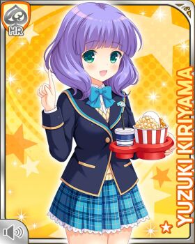 1girl blouse blue_bow blue_jacket blue_skirt blunt_bangs bow button card_(medium) character_name food girlfriend_(kari) green_eyes jacket kiriyama_yuzuki looking_at_viewer official_art open_mouth pin plaid_clothes plaid_skirt popcorn purple_hair qp:flapper school_uniform shirt skirt smile soda solo tagme ufo vest white_shirt yellow_background yellow_vest