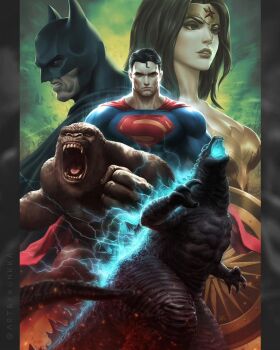 1girl 2boys batman batman_(series) black_hair breasts brown_fur cleavage clenched_teeth comic_cover commentary cowl cross_promotion crossover dc_comics english_commentary forehead_protector glowing godzilla godzilla_(series) godzilla_vs._kong gorilla green_background highres justice_league justice_league_vs._godzilla_vs._kong kaiju king_kong king_kong_(series) kunkka legendary_pictures long_hair looking_at_viewer monster monsterverse multiple_boys multiple_crossover official_art open_mouth profile short_hair superhero_costume superman superman_(series) teeth toho twitter_username upper_body wonder_woman wonder_woman_(series)