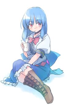 1girl back_bow blue_bow blue_skirt boots bow bowtie brown_boots bubble_tea collared_shirt commentary_request cup drinking drinking_straw frilled_shirt frills full_body hinanawi_tenshi holding holding_cup light_blush long_hair no_headwear one-hour_drawing_challenge puffy_short_sleeves puffy_sleeves rangycrow red_bow red_bowtie red_eyes shadow shirt short_sleeves sideways_glance sitting skirt solo touhou white_background white_shirt