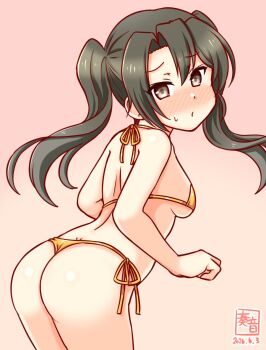 1girl artist_logo ass bikini black_hair brown_eyes commentary_request dated from_behind gold_bikini gradient_background kanon_(kurogane_knights) kantai_collection logo looking_at_viewer looking_back one-hour_drawing_challenge pink_background solo sside-tie_bikini_bottom swimsuit thong thong_bikini zuikaku_(kancolle)