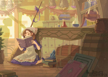 1girl apron artist_name bandana blue_dress book bookshelf broom brown_eyes brown_hair commentary_request covered_mouth crystal dress flask full_body garutaisa hands_up holding holding_book indoors medium_hair on_floor open_book original plant potted_plant reading short_sleeves sitting slice_of_life solo table treasure_chest watermark white_apron white_bandana wooden_floor