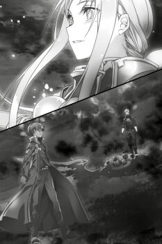 1girl 2boys alice_zuberg bunbun cape cloud cloudy_sky fingerless_gloves floating_hair flying full_body gloves greyscale highres kirito long_hair monochrome monster multiple_boys novel_illustration official_art pants parted_lips shirt sidelocks sky split_screen subtilizer_(sao) sword sword_art_online sword_art_online:_alicization sword_on_back weapon_on_back