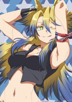 1girl american_flag american_flag_print animal_ears armband armpits arms_up bandana_around_arm black_armband black_shirt blonde_hair blue_eyes blue_hair breasts closed_mouth cropped_shirt flag_print highres horse_ears horse_girl long_hair looking_at_viewer medium_breasts midriff multicolored_hair navel obey_your_master_(umamusume) rii_dumb shirt sleeveless sleeveless_shirt smile solo star-shaped_pupils star_(symbol) stomach symbol-shaped_pupils tongue tongue_out umamusume umamusume:_cinderella_gray upper_body