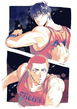 2boys a_nzi_end basketball_uniform clothes_grab commentary_request grabbing_another's_shirt highres looking_at_another looking_back male_focus multiple_boys parted_lips rukawa_kaede sakuragi_hanamichi short_hair sideburns slam_dunk_(series) sportswear star_(symbol) sweat tank_top turning_head