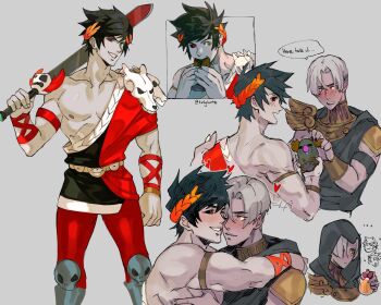 Rule 34 | 2boys, ancient greek clothes, black hair, black sclera, blush, colored sclera, couple, doner kebab, doner sandwich, eating, giving, greco-roman clothes, green eyes, grey background, grey hair, hades (series), hades 1, heart, heterochromia, highres, holding, holding sword, holding weapon, hood, hood down, hood up, hug, laurel crown, leggings, looking away, multiple boys, nipples, red eyes, red leggings, short hair, skull, speech bubble, sword, thanatos (hades), tirtyturtle, twitter username, weapon, yaoi, yellow eyes, zagreus (hades)