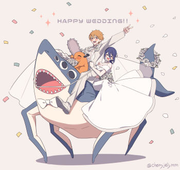 1boy 1girl :d ^_^ arm_up blonde_hair blue_hair blush bouquet boutonniere bow bowtie bridal_veil brown_eyes chainsaw chainsaw_man choker closed_eyes confetti creature denji_(chainsaw_man) dress english_text extra_eyes flower flower_wreath formal_clothes good_end green_eyes grey_bow grey_bowtie grey_vest hair_between_eyes hair_bun hair_flower hair_ornament highres holding holding_bouquet jacket long_dress long_hair_between_eyes looking_at_viewer miri_(cherryjelly) off-shoulder_dress off_shoulder open_mouth pants pochita_(chainsaw_man) reze_(chainsaw_man) riding_shark rose shark shark_devil_(chainsaw_man) sharp_teeth shirt shoes short_hair simple_background smile suit suit_jacket teeth twitter_username v v-shaped_eyebrows veil vest wedding wedding_dress white_bow white_bowtie white_choker white_flower white_pants white_rose white_shirt white_shoes white_suit