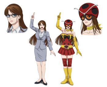 1girl alternate_costume breasts brown_hair cleavage electro_wave_human_tackle full_body glasses highres kamen_rider large_breasts lips long_hair looking_at_viewer multiple_views office_lady official_art okada_yuriko open_mouth parted_lips reference_sheet shiny_skin toujima_tanzaburou_wa_kamen_rider_ni_naritai transparent_background wide_hips yukarisu