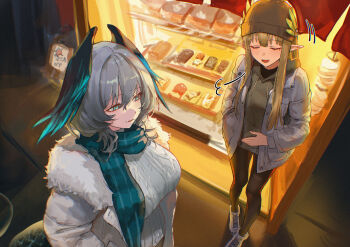 2girls absurdres alternate_costume aqua_eyes arknights beanie black_hat black_pantyhose blue_scarf brown_hair closed_eyes coat commentary_request feathered_wings grey_hair hair_between_eyes hand_on_own_stomach hat head_wings highres ho&#039;olheyak_(arknights) hood hoodie jacket long_hair long_sleeves medium_hair mole mole_under_eye muelsyse_(arknights) multiple_girls open_clothes open_coat open_jacket pantyhose pointy_ears scarf slit_pupils speech_bubble sweater tail textless_version uof white_coat white_jacket white_sweater wings winter_clothes