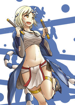 Rule 34 | 1girl, breasts, djeeta (granblue fantasy), fundoshi, granblue fantasy, groin, halcyon (halcyon90), highres, japanese clothes, medium breasts, navel, short hair, smile, sweat, sweatdrop, tagme