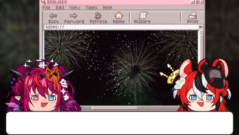 2girls animal_ear_fluff animal_ears black_hair black_mask black_streaks blue_eyes blush commentary crystal_wings demon_horns dialogue_box double-parted_bangs fireworks flower getto hair_between_eyes hair_flower hair_ornament hair_stick hakos_baelz hakos_baelz_(new_year) halo hololive hololive_english horns irys_(hololive) irys_(new_year)_(hololive) mask mouse_ears mouse_mask multicolored_hair multiple_girls pointy_ears red_hair smile smug virtual_youtuber white_hair window_(computing) wings yukkuri_shiteitte_ne