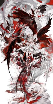 Rule 34 | absurdres, angel wings, angelkatt, ankle wings, arch bridge, architecture, artist name, bat wings, bird wings, blood, bone, bridge, bug, building, butterfly, butterfly wings, chinese commentary, chinese text, closed mouth, commentary request, commission, cross, cross hair ornament, crown, cup, demon girl, demon horns, demon tail, demon wings, dragon, dragon horns, dragon tail, dress, dress form, eastern dragon, elbow gloves, english text, extra eyes, faceless, faceless female, floating, flying, frilled dress, frilled shirt collar, frilled skirt, frilled sleeves, frills, full body, garter straps, gloves, grey hair, hair ornament, handrail, heart-shaped ornament, heart crown, highres, horns, insect, insect wings, jewelry, leg ribbon, long sleeves, looking to the side, multiple girls, multiple wings, nude, o-ring, original, pillar, polearm, red background, red eyes, red gloves, red thighhighs, ribbon, see-through clothes, see-through veil, signature, simple background, skeleton, skinny, skirt, spear, stairs, standing, suspender skirt, suspenders, tail, thigh ribbon, thighhighs, thighlet, vaulted ceiling, veil, waist cape, weapon, white background, white dress, white hair, white thighhighs, wings