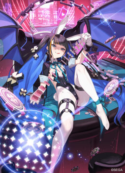 1girl absurdres ainezu animal_ears black_hair black_leotard blue_eyes blue_hair blush breasts card chunithm colored_inner_hair covered_navel demon_wings earrings fake_animal_ears fake_tail full_body gloves highres holding indoors jewelry leotard looking_at_viewer mika_dominance_iii multicolored_hair official_art orange_hair pantyhose playboy_bunny playing_card poker_chip poker_table rabbit_ears rabbit_tail red_pupils short_sleeves shrug_(clothing) small_breasts smile solo streaked_hair table tail thigh_strap tongue tongue_out twintails white_gloves white_pantyhose wings wrist_cuffs