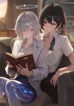 2girls alternate_costume black_hair black_pantyhose black_skirt book bra_visible_through_clothes breasts cleavage collarbone collared_shirt colored_eyelashes colored_inner_hair commentary earrings embarrassed evening female_rover_(wuthering_waves) fingernails grey_hair hair_intakes hair_ornament hair_over_one_eye hair_ribbon halo highres holding holding_book indoors jacket jewelry large_breasts long_hair looking_at_breasts medium_breasts mornye_(wuthering_waves) multicolored_hair multiple_girls multiple_rings pantyhose parted_lips partially_unbuttoned red_eyes ribbon ring rover_(wuthering_waves) rucarachi see-through_body shirt shirt_tucked_in signature sitting sitting_on_lap sitting_on_person skirt smile tacet_mark_(wuthering_waves) triangle_earrings white_jacket white_shirt wuthering_waves yellow_eyes yellow_ribbon yuri