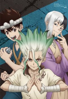 3boys asagiri_gen bandaged_arm bandages black_hair brown_eyes brown_hair chrome_(dr._stone) colored_bangs cracked_skin dr._stone green_hair headband highres ishigami_senkuu looking_at_viewer male_focus multicolored_hair multiple_boys official_art open_mouth own_hands_together promotional_art red_eyes smile spiked_hair split-color_hair two-tone_hair white_hair