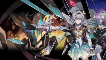 1boy 1girl ^_^ absurdres armor black_bridal_gauntlets black_hairband black_jacket breasts bridal_gauntlets caelus_(honkai:_star_rail) closed_eyes cowboy_shot dress fire firefly_(honkai:_star_rail) frilled_sleeves frills glass_shards green_dress grey_armor grey_hair hair_between_eyes hairband henshin highres holding honkai:_star_rail honkai_(series) jacket long_hair long_sleeves medium_breasts multicolored_eyes nanyebeou neckerchief orange_neckerchief outstretched_arm power_armor sam_(honkai:_star_rail) shirt shooting_star short_hair shoulder_armor trailblazer_(honkai:_star_rail) two-tone_eyes white_shirt