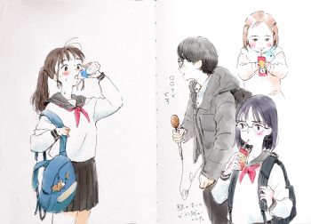 1boy 3girls absurdres backpack bag black_hair black_skirt blush brown_hair commentary_request drinking food glasses green_eyes highres holding holding_microphone interview ishida_hiroyasu microphone mouth_hold multiple_girls original parting_water school_bag school_uniform serafuku skirt