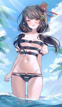1girl bare_shoulders belt bikini black_bikini black_hair breasts cloud commission day detached_sleeves elsword eve_(2nas)_(elsword) eve_(elsword) facial_mark fymrie gluteal_fold groin hair_ornament hair_over_shoulder hat highres light_rays long_hair looking_at_viewer low_twintails lowleg mini_hat multiple_belts navel open_mouth outdoors skindentation small_breasts smile solo standing stomach strapless strapless_bikini sunbeam sunlight swimsuit thighs top_hat twintails wading water wet yellow_eyes