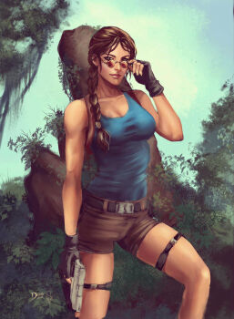 1girl adjusting_eyewear black_gloves blue_sky blue_tank_top breasts brown_eyes brown_hair brown_shorts day fingerless_gloves forest forty-fathoms gloves gun handgun highres holding holding_gun holding_weapon lara_croft looking_at_viewer medium_breasts nature outdoors round_eyewear short_shorts shorts sky solo sunglasses tank_top tomb_raider weapon
