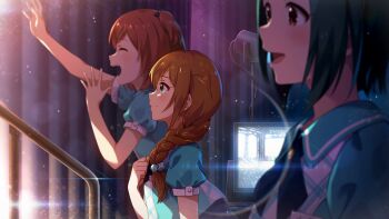 3girls aoba_misaki aqua_shirt baba_konomi backstage blurry blurry_foreground braid brown_hair closed_mouth commentary_request curtains from_side game_cg hair_over_shoulder hand_up idolmaster idolmaster_million_live! idolmaster_million_live!_theater_days lens light_particles long_hair monitor multiple_girls official_art otonashi_kotori profile shirt short_sleeves single_braid stage_curtains third-party_source