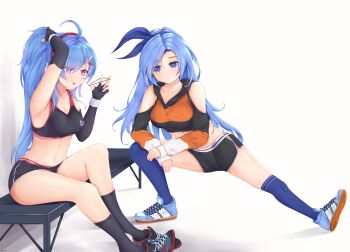 2girls absurdres ahoge alternate_costume azur_lane bae_minah_(chaesu) bare_shoulders bench black_footwear black_gloves black_legwear black_sports_bra blue_hair borrowed_character bow_hairband breasts clothing_cutout commentary crop_top crossover dolphin_shorts elbow_gloves english_commentary eyes_visible_through_hair fingerless_gloves full_body gloves hairband helena_(azur_lane) highres kyl490 long_hair long_sleeves medium_breasts midriff multiple_girls orange_sports_bra original purple_eyes purple_hairband red_hairband rubber_band shoes shorts shoulder_cutout simple_background sitting sneakers socks sports_bra sportswear stretching tank_top tying_hair white_background wristband