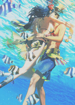 1boy 1girl absurdres ass bare_back bare_legs bikini black_bikini black_male_swimwear breasts butt_crack claude_von_riegan claude_von_riegan_(summer) dark-skinned_male dark_skin female_byleth_(fire_emblem) female_byleth_(summer)_(fire_emblem) fire_emblem fire_emblem:_three_houses fire_emblem_heroes fish fish_request hetero highres kiss large_breasts legs male_swimwear nintendo official_alternate_costume swimsuit thighs topless_male underwater zhihaiwusheng