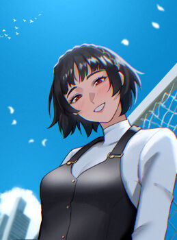 1girl absurdres bird black_hair black_vest blue_sky blush braid breasts building chain-link_fence cloud commentary_request crown_braid day fence from_below grin halterneck head_tilt highres ikhwan_maulana long_sleeves looking_at_viewer looking_down medium_breasts niijima_makoto outdoors persona persona_5 pink_lips red_eyes shirt short_hair sky smile solo turtleneck turtleneck_shirt upper_body vest white_bird white_shirt