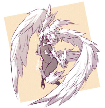 Rule 34 | 1girl, bird legs, black sclera, closed mouth, colored sclera, commentary request, dark-skinned female, dark skin, expressionless, eyebrows hidden by hair, feathers, flat chest, flying, from above, from side, full body, groin, hair between eyes, harpy, head wings, hisui (syarute), looking at viewer, looking up, monster girl, navel, original, short hair, solo, stomach, white feathers, white hair, wings