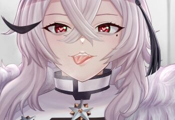 1girl assertive_female azur_lane blush fur_trim gangut_(azur_lane) hair_between_eyes hat heart heart-shaped_pupils highres incoming_kiss long_hair mikumaushi military military_uniform mole mole_under_eye naval_uniform open_mouth pov red_eyes symbol-shaped_pupils tongue tongue_out white_hair white_hat