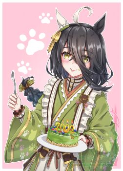 Rule 34 | 1girl, absurdres, ahoge, animal ears, black hair, blush, bow, braid, braided ponytail, cake, candle, closed mouth, commentary request, ear covers, food, fork, frills, gentiano815, green bow, green kimono, hair between eyes, hair bow, highres, holding, holding fork, holding plate, horse ears, horse girl, japanese clothes, kimono, long bangs, long hair, long sleeves, looking at viewer, maid, manhattan cafe (umamusume), manhattan cafe (verdant night) (umamusume), multicolored hair, official alternate costume, official alternate hairstyle, paw print, paw print background, plate, single ear cover, smile, solo, textless version, tongue, tongue out, umamusume, wa maid, yellow eyes