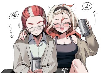 1boy 1girl asahi_breweries beer_can black_hairband black_shorts black_tank_top blush bow breasts can cardigan cleavage closed_eyes collarbone collared_shirt drink_can drunk ebi_(shrimp_eleven) facing_viewer gen_2_pokemon glasses gradient_hair grey_cardigan griselle_(pokemon) grisham_(pokemon) hairband highres holding holding_can large_breasts multicolored_hair musical_note nintendo open_mouth orange_hair pokemon pokemon_(creature) pokemon_legends:_z-a red_hair shirt shorts smile speech_bubble spoken_musical_note spoken_squiggle squiggle tank_top two-tone_hair unown unown_a unown_h unown_s unownglyphics white-framed_eyewear white_hair white_shirt