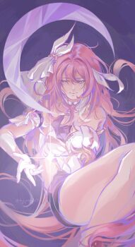 1girl absurdres bare_shoulders black_shorts breasts commentary corset crescent_moon elysia_(herrscher_of_human:_ego)_(honkai_impact) elysia_(honkai_impact) gloves highres honkai_(series) honkai_impact_3rd large_breasts long_hair meg_greeny520 moon multicolored_hair pink_hair purple_eyes short_shorts shorts solo symbol-only_commentary thighs triquetra twitter_username two-tone_hair very_long_hair white_corset white_gloves white_hair