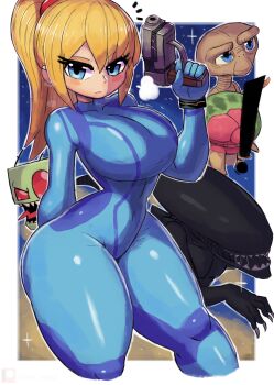 Rule 34 | 1girl, 2boys, 2others, absurdres, alien, alien (series), angry, antennae, black skin, blonde hair, blue bodysuit, blue eyes, blue gloves, blush, bodysuit, breasts, breath, claws, colored skin, crossover, e.t., e.t. (character), energy gun, genre connection, gloves, green skin, gun, highres, holding, holding gun, holding weapon, invader zim, large breasts, long hair, looking at viewer, metroid, metroid (creature), multiple boys, multiple others, nickelodeon, nintendo, open mouth, paralyzer, ponytail, ray gun, red eyes, samus aran, sharp teeth, space, sparkle, teeth, thick thighs, thighs, tongue, tongue out, tony welt, trait connection, weapon, wide hips, xenomorph, zero suit, zim (invader zim)