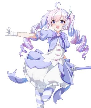 1girl ahoge blue_archive blush bow chinese_commentary commentary_request drill_hair earrings foot_out_of_frame gloves hair_ornament highres holding jacket jewelry long_hair magical_girl making-of_available multicolored_hair multicolored_pantyhose no_halo official_alternate_costume official_alternate_hairstyle open_mouth outstretched_arm pantyhose pink_bow pink_hair puffy_short_sleeves puffy_sleeves purple_eyes purple_hair purple_jacket purple_pantyhose reisa_(blue_archive) reisa_(magical)_(blue_archive) shirt short_sleeves simple_background skirt sleeve_bow smile solo standing standing_on_one_leg star_(symbol) star_earrings star_hair_ornament striped_clothes striped_pantyhose twin_drills twintails two-tone_hair two-tone_pantyhose v-shaped_eyebrows white_background white_gloves white_pantyhose white_shirt white_skirt wing_hair_ornament xinjinjumin744310814669