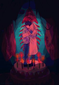 Rule 34 | 2boys, absurdres, armband, birthday cake, blue armband, blue pants, butcher shop (place), cake, candle, coat, covered face, dead animal, fire, food, from side, full body, hand on another's back, hashtag-only commentary, head on another's shoulder, highres, hug, hyoutenka 30-do no zetsubou, kuchinashi dabi, male focus, multiple boys, nenekoneko (muuhappy), on food, pants, standing on food, tonimura yui, white coat