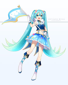1girl absurdres aqua_eyes aqua_hair blue_skirt boots breasts character_name commentary_request flag full_body gloves gradient_hair hair_between_eyes hair_ornament hatsune_miku highres holding holding_flag long_hair mamo_(fortune-mm) medium_breasts midriff multicolored_hair navel open_mouth shirt simple_background skirt sleeveless sleeveless_shirt smile solo twintails very_long_hair vocaloid white_background white_boots white_gloves