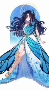 1girl absurdres armlet blue_dress blue_eyes blue_hair breasts butterfly_facial_mark butterfly_hair_ornament choker commentary commission dress english_commentary facial_mark full_body gladiator_sandals gold_armlet gold_choker gold_sandals gold_thighlet hair_ornament highres jewelry kuraedo large_breasts long_hair looking_at_viewer open_mouth original parted_bangs sandals sleeveless sleeveless_dress solo thighlet two-tone_dress vgen_commission white_dress