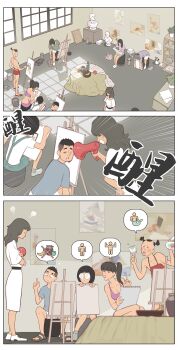 2boys 3girls 3koma amplifier angry artist_painter banana bikini comic crossed_arms drawing dress faceless faceless_female faceless_male food fruit highres holding holding_paintbrush lecture lecturing long_hair male_focus merman monster_boy multiple_boys multiple_girls original paintbrush painting_(action) picture_frame short_hair sleeping sleepy speech_bubble swimsuit white_dress youtian_(youtiange)