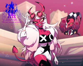 1boy 1girl blitzo_(helluva_boss) cho_bhd colored_skin commentary demon_boy demon_girl demon_horns demon_tail demon_wings dress english_commentary glasses hellaverse helluva_boss horns long_hair looking_at_another middle_finger pink_skin raised_eyebrows red_skin tail verosika_mayday wings