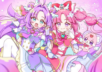 2girls ahoge akechi_anna blue_eyes bow bowtie brooch closed_mouth commentary_request cowboy_shot cure_answer cure_mystique double_bun dress fingerless_gloves gloves hair_bow hair_bun hair_intakes hands_up head_wings heart heart_brooch highres hiiragi_syuu interlocked_fingers jewelry kobayashi_mikuru layered_dress long_hair looking_at_viewer meitantei_precure! multiple_girls open_mouth pantyhose pink_background pink_bow pink_bowtie pink_dress pink_hair pochi-tan precure purple_bow purple_bowtie purple_dress purple_eyes purple_hair simple_background smile twintails watermark white_gloves white_pantyhose wings