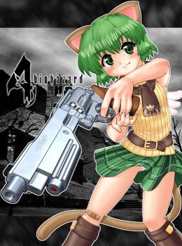 1girl animal_ears armpits ashley_graham ashley_graham_(cosplay) bandaid bandaid_on_knee bandaid_on_leg belt boots cat_ears cat_tail cosplay fang female_focus green_eyes green_hair gun handcannon handgun hase_yu laser_pointer laser_sight magnum matching_hair/eyes nyano original panties pantyshot pink_panties resident_evil resident_evil_4 revolver s&amp;w_model_500 scarf short_hair skirt smith_&amp;_wesson solo tail underlug underwear upskirt weapon wings