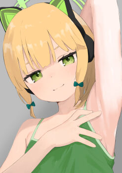 1girl absurdres animal_ear_hairband animal_ears aqua_bow arm_up armpits blonde_hair blue_archive bow camisole closed_mouth commentary_request dot_nose fake_animal_ears flat_chest green_camisole green_eyes green_halo grey_background hair_bow hairband halo hand_on_own_chest hand_up highres looking_at_viewer midori_(blue_archive) neruneru_slp presenting_armpit short_hair smile solo spaghetti_strap sweat upper_body