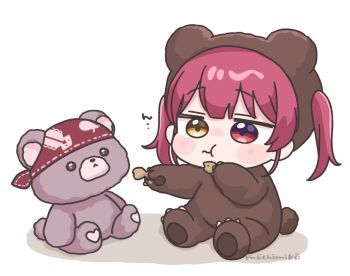 Rule 34 | 1girl, :t, animal costume, animal ears, bear costume, bear ears, bear tail, blush stickers, brown eyes, chibi, closed mouth, colored shadow, commentary, eating, fake animal ears, food, heterochromia, holding, holding food, hololive, houshou kumarine, houshou marine, mochimiko, red eyes, red hair, shadow, signature, simple background, sitting, solo, stuffed animal, stuffed toy, tail, teddy bear, virtual youtuber, wavy mouth, white background